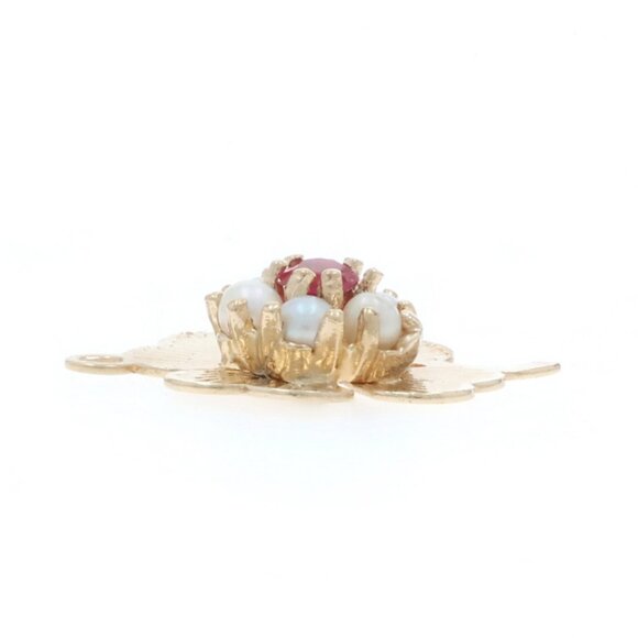 Yellow Gold Lab-Created Ruby Pearl Vintage Clover Charm - 14k Lucky Shamrock - Picture 2 of 4